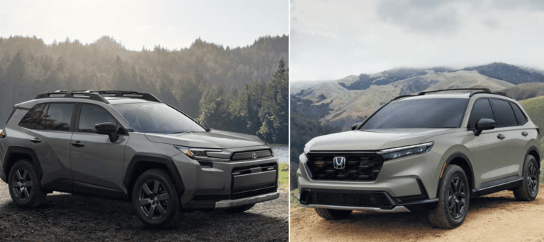 grey 2026 rav4 facing green 2026 honda cr-v, both in outdoor settings